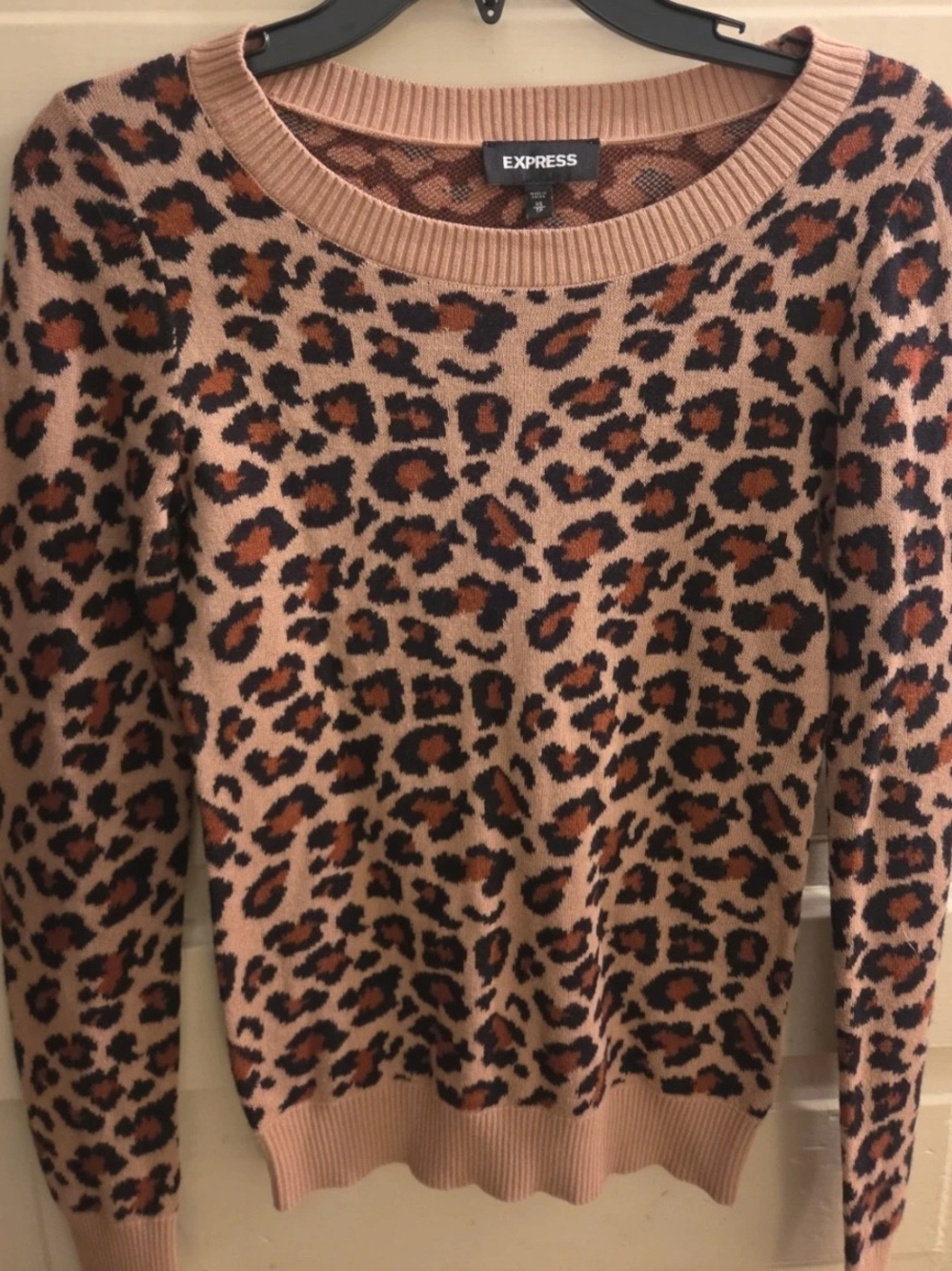 100% Cotton Express Leopard Print Crewneck Sweater in Tan, Brown & Black
